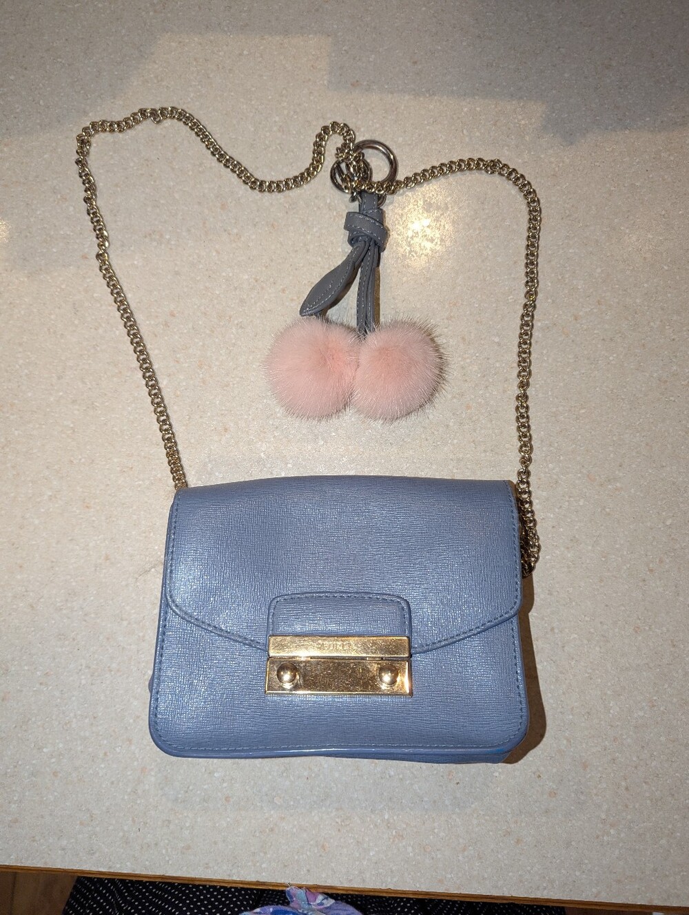Furla metropolis mini crossbody bag azzuro blue purse leather gold tone chain